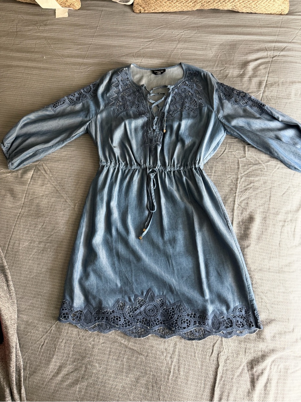 bebe Light Blue Lace-Trim Drawstring Mini Dress